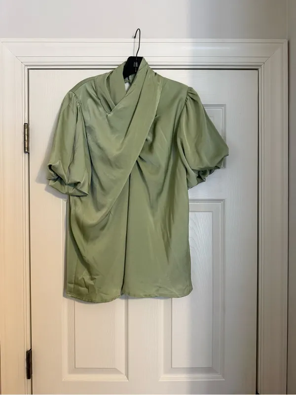 Satin Puff Sleeve Wrap Front Top - Image 3