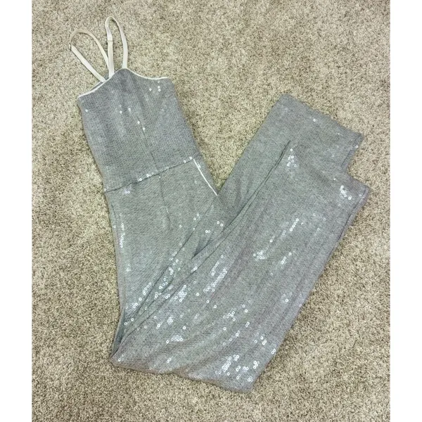 Anthropologie ETT:TWA Claudette Sequined Jumpsuit Silver Gray Pockets Size 4 - Image 4