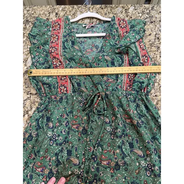 Boemo Ruffle Prairie Floral Green Paisley Maxi Dress V-Neck Ruffle Size Medium - Image 8