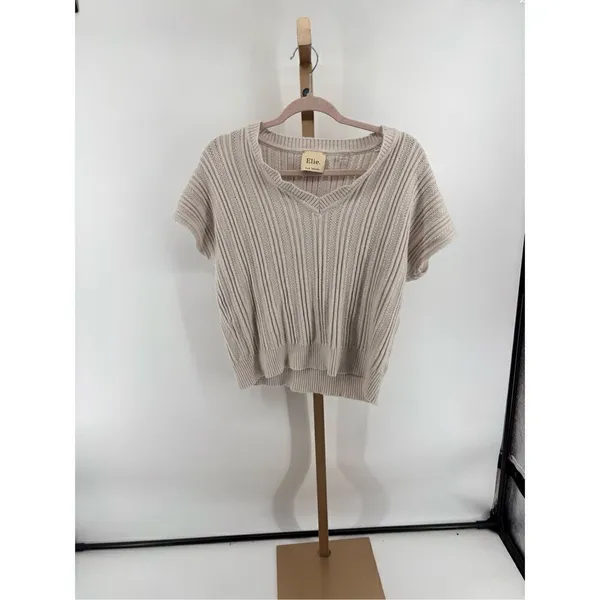 Elie Tahari Women’s Short Sleeve V Neck Beige Grey Sweater Size Large - Image 3