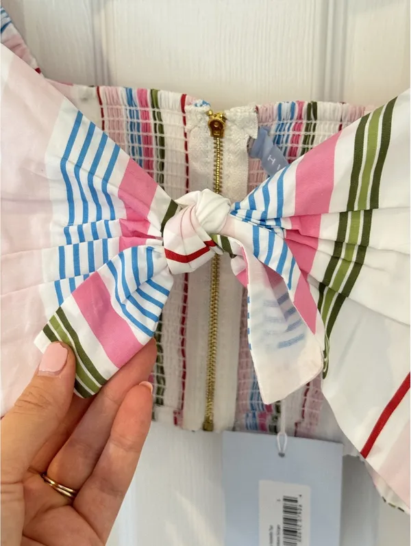 Hill House Home The Isabella Top Rainbow Stripe Puff Sleeve Bow Crop Top NWT S - Image 8