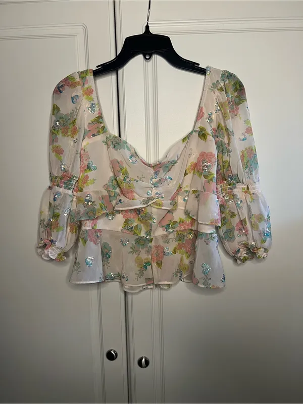 For Love & Lemons Paradis Floral Sequin Ruffle Blouse - Image 5