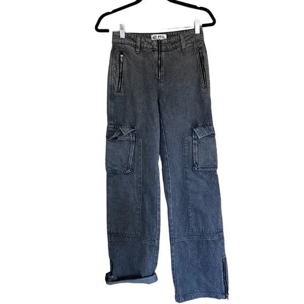 NWOT PTCL High Waist Wide Leg Cargo Jeans in Black Wash SZ-23 - Image 8