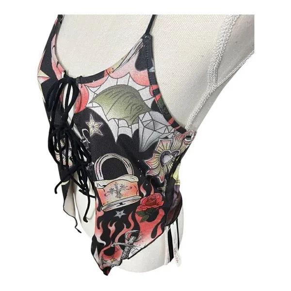 Romwe Black Multicolor Moon Floral Print Halter Top Size L Lace Up Open Back - Image 5