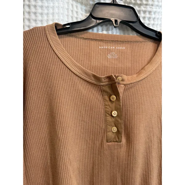 American Eagle Cropped Long Sleeve Henley Thermal Brown Crop Top Large - Image 3