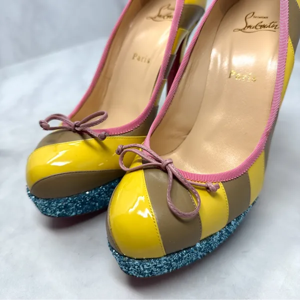 Christian Louboutin Foraine 140 Bow Striped Leather Glitter Platform Pumps Heels - Image 6