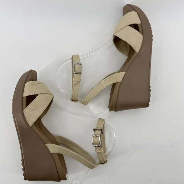 Crocs Leigh II Cross Strap Ankle Wedge Sandal Beige Khaki Women 7 Strappy Vacay - Image 6