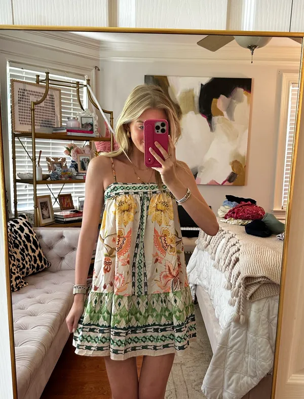 Floral Printed Spaghetti Strap Mini Dress in Yellow & Green - Image 2