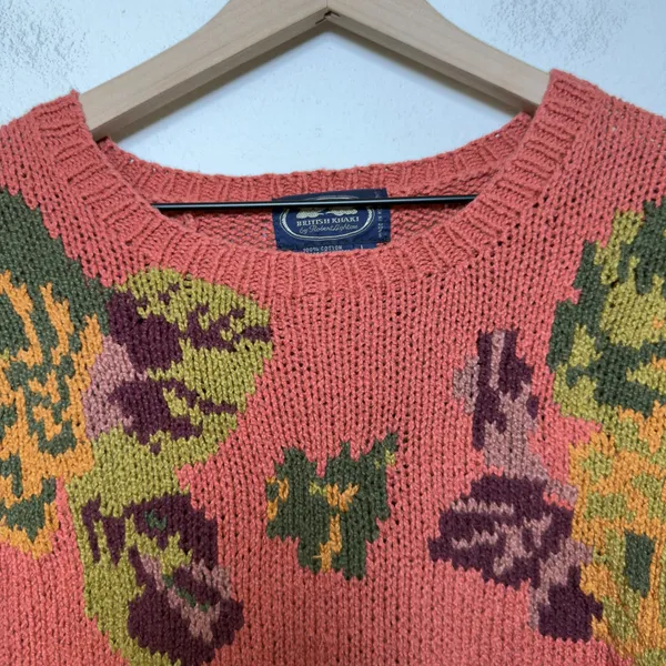 VTG 80s British Khaki Women Cotton Sweater Pink Floral‎ Knit Cottage Intarsia - Image 2