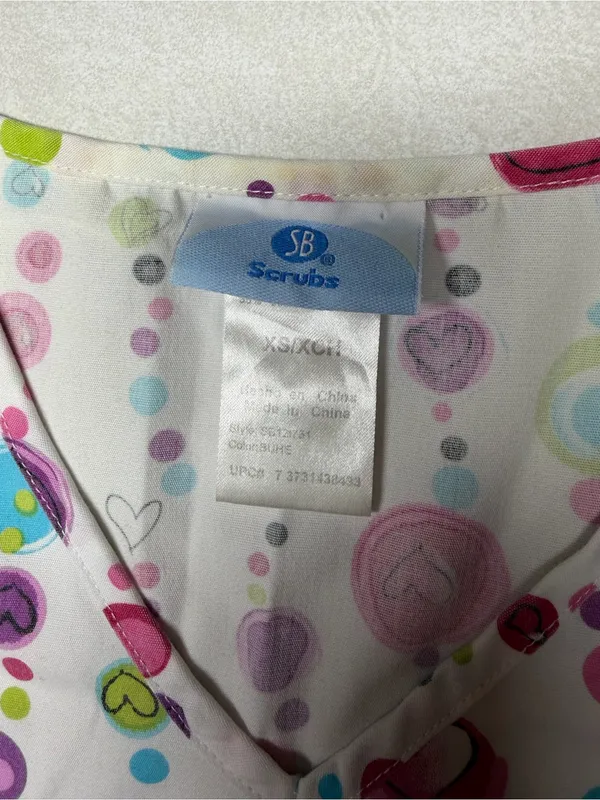 SB Scrubs White V-Neck Short Sleeve Top with Pink, Blue & Green Dot Print - Image 7
