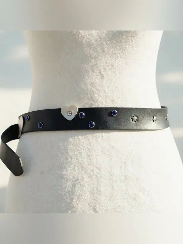 Y2K 2000s style Black leather belt with silver studs and heart buckle - Image 4