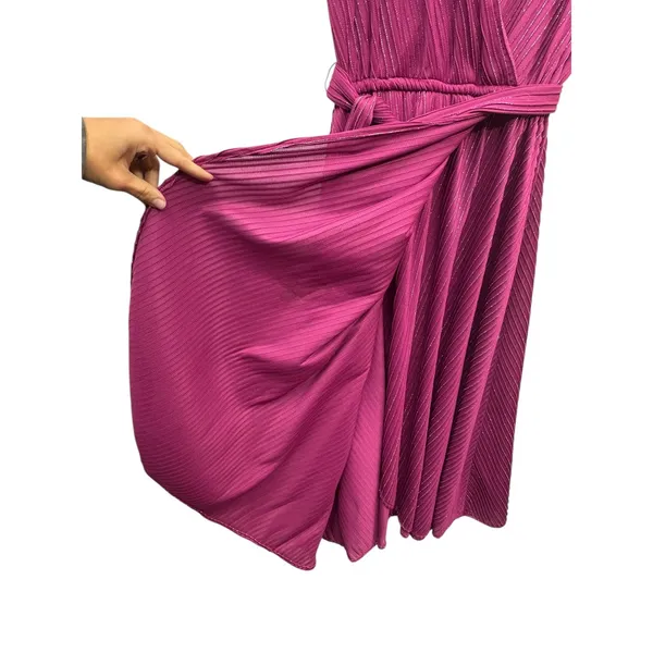 Vintage‎ Women's Plunging V Neck Wrap Midi Dress Metallic Belted Pleated Pink S - Image 7