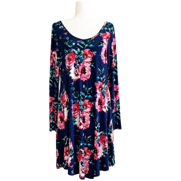 Dearcase Dress Blue Pink Floral Jersey Long Sleeve V-Neck Swing Dress Large NEW - Image 13