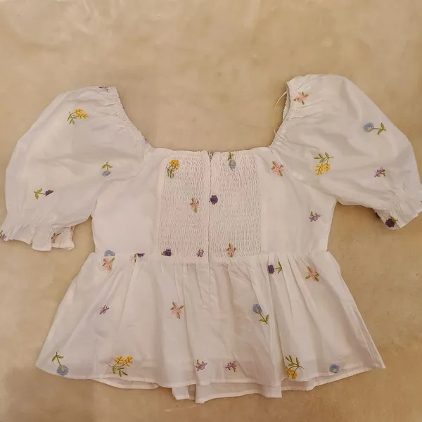 English Factory White Puff Sleeve Embroidered Floral Peplum Top - Image 7