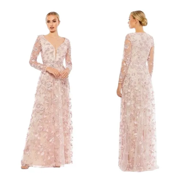 NWT Mac Duggal‎ 70224 Pink Floral Applique Long Sleeve Illusion Gown Size 10 - Image 2