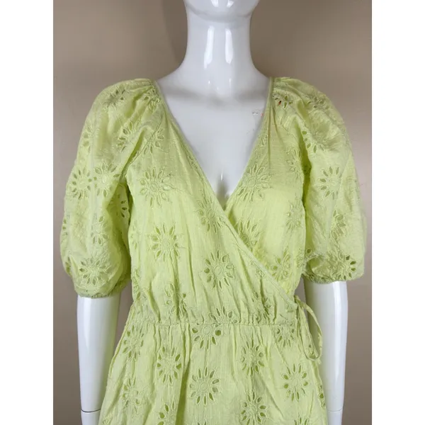 Zara Women’s XS Lime Green Eyelet Mini Wrap Dress Puff Sleeve Lined Cotton - Image 2