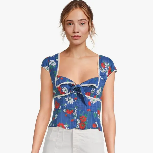 NEW Free People Call Me Baby Cap Sleeve Button-Up Shirt L BLUE QUARTZ - DAISY - Image 2