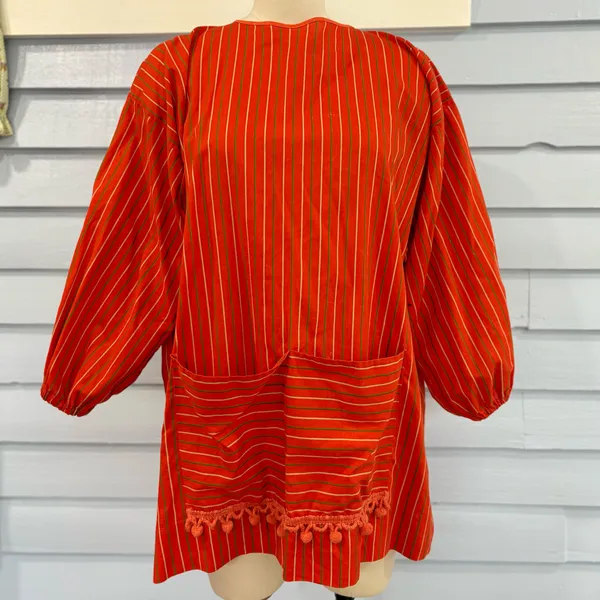 Vintage 60s/70s Stripe Balloon Sleeve Pom Pom Smock Top - Image 4