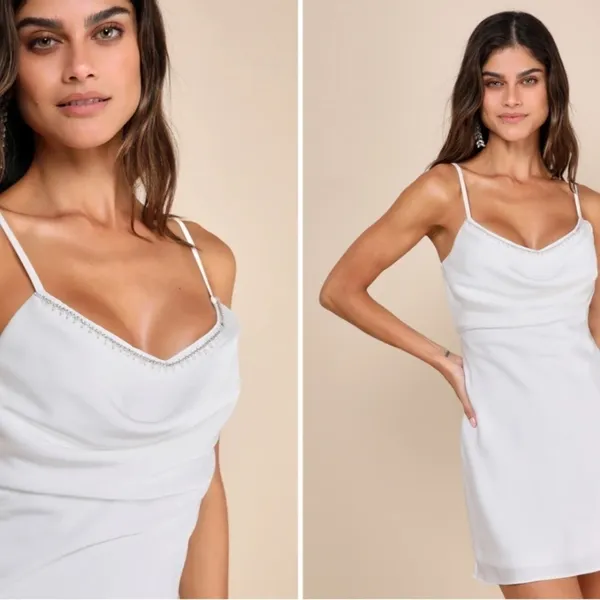 LULUS Sexy Bridal Bachelorette Engagement Bridal Shower Cowl Neck Mini Dress - Image 3