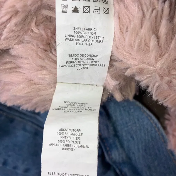 Y2K Longline Denim Jacket Women 4 Pink Faux Fur Collar Fleece Lined Boyfriend - Image 16