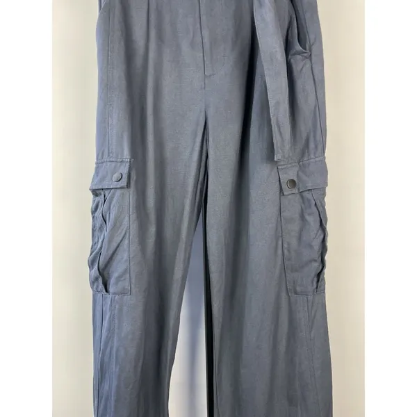 Zara Womans Tapered Cargo Pants High Rise Paperbag Sz S Blue Gray Linen‎ Blend - Image 5