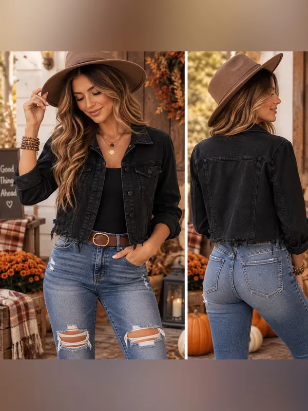 Cropped Black Denim Jacket - Image 2