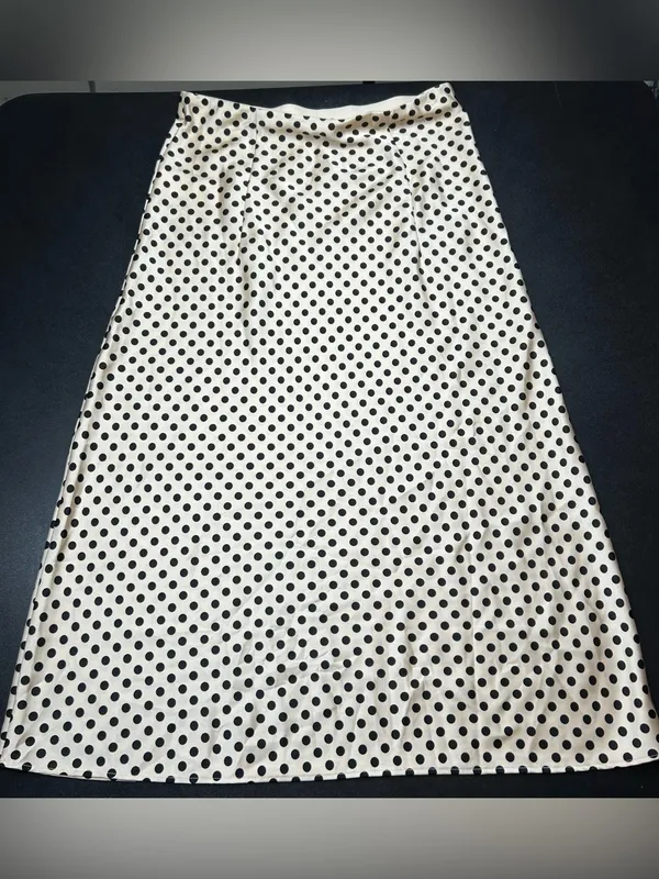 J. Crew Size XS Pull On Cream & Black Polka Dot Satin Midi Skirt - Image 4