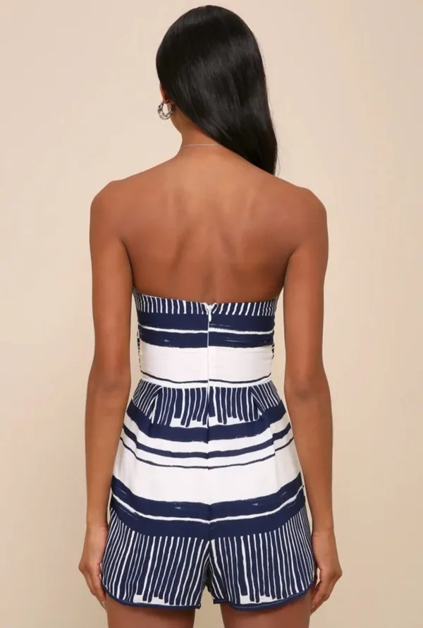 Lulus Delphi Blue & White Striped Tie-Front Strapless Romper - Size XS - Image 5