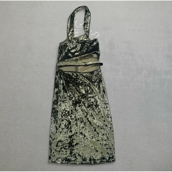 NWOT Sarah La Mini Dress M Olive Green Velvet Halter Cutout MADE IN USA Party - Image 2