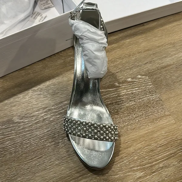 Elegant Silver Block Heel Sandals with pearl accents - 3 in heel - Image 2