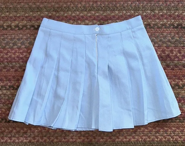 Light Blue Cotton Pleated School Girl Mini Skirt - Image 2