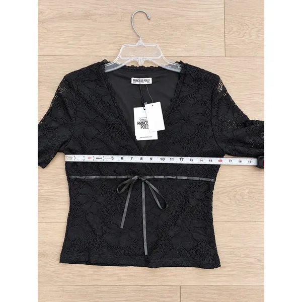 Princess Polly Black Floral Lace Wrap Top Size 10 NWT Ribbon Tie Long Sleeve - Image 10