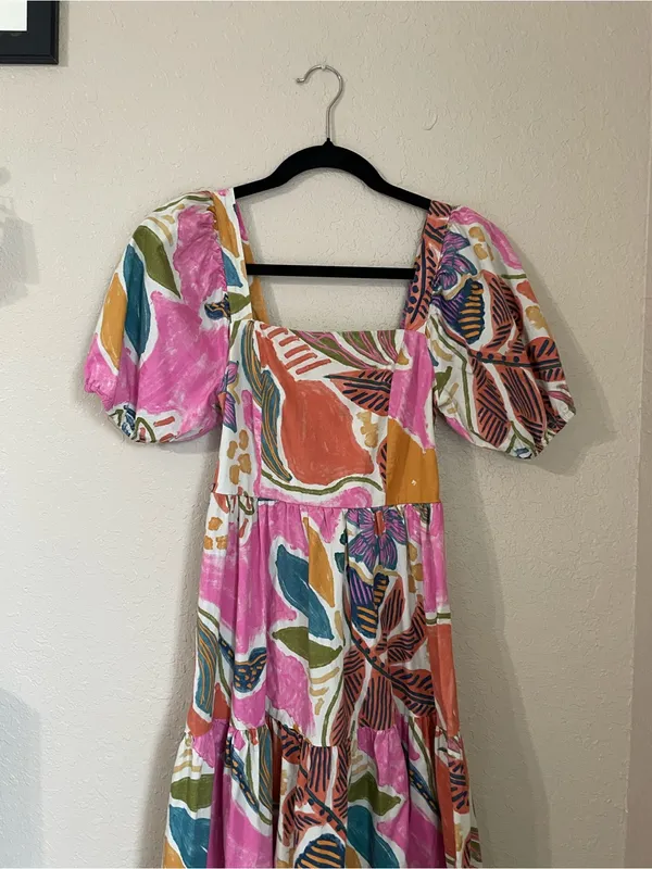 Vibrant Tropical Abstract Print Puff Sleeve Tiered Dress Square Neck Size XS - Image 6