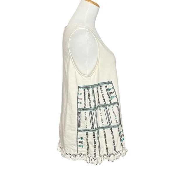 Madewell Cream And Navy Boho Embroidered Relaxed Tank With Fringe M - Image 2