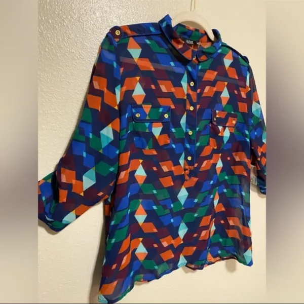 New A.N.A Colorful Geometric Blouse Size L | Semi Sheer Button Front Boho Top - Image 5
