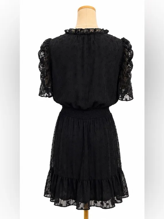 Express Black Swiss Dot Mini Dress Size M Smocked Ruffle Hem Flutter Sleeve - Image 3
