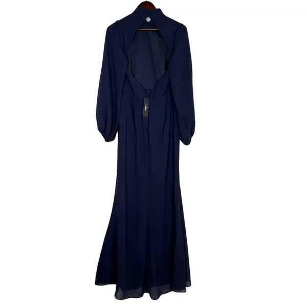 NWT Lulus Graceful Entrance Chiffon Long Sleeve Backless Maxi Dress M Navy Blue - Image 6