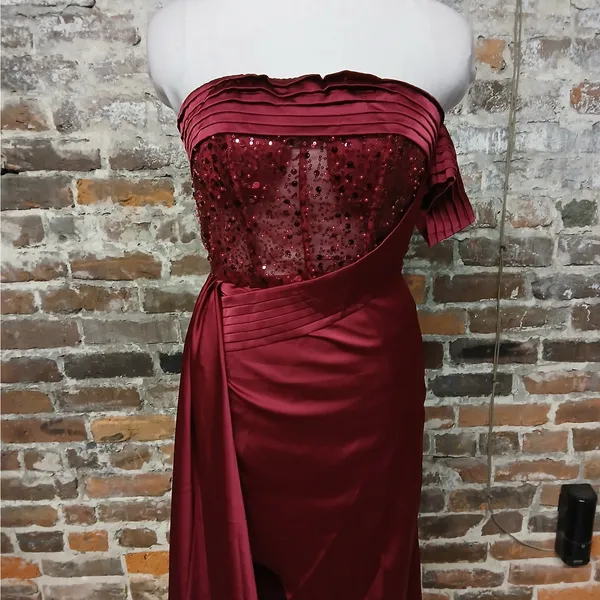 Faeriesty Evening Gown Small Red Beaded Sequin Strapless Dress Wedding Party - Image 6