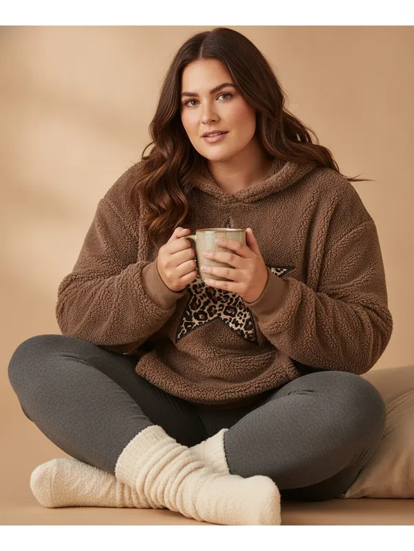 No Boundaries Brown Fuzzy Fleece Hoodie Size XL (16-18) – Leopard Star Pullover - Image 7