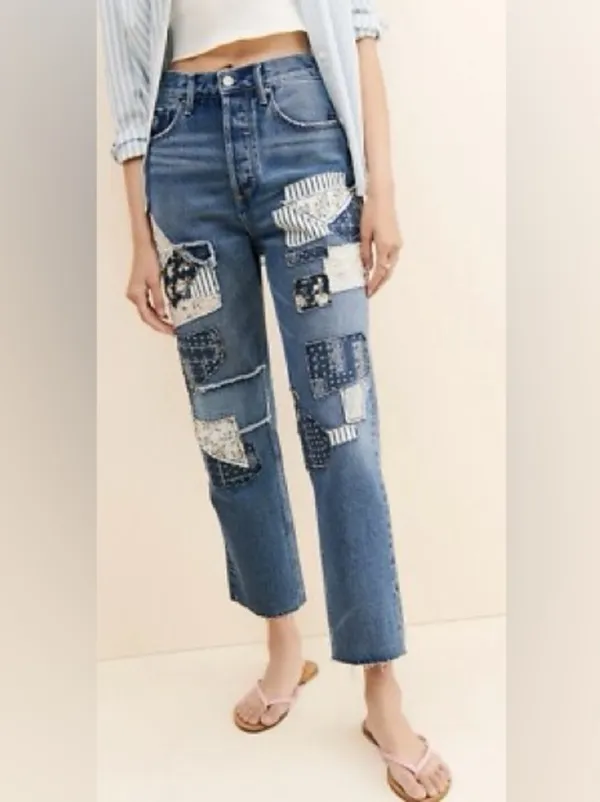 Sundance Driftwood Patchwork jeans Abbey mom Free People High Rise boyfriend boho floral - Image 2