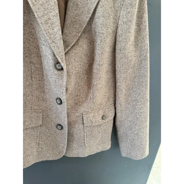 LL Bean‎ Vintage Wool Silk Blend Tweed Blazer Tan 3-Button Jacket Med Reg - Image 4