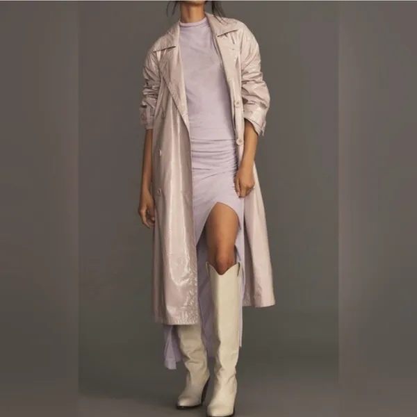 Maeve Anthropologie Lilac Lavender Faux Patent Leather Glossy Trench‎ Coat Large - Image 4