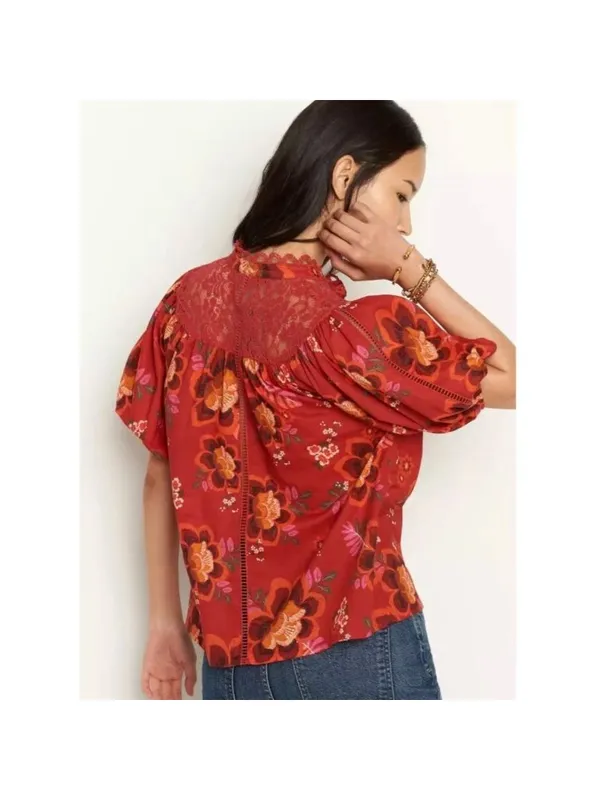 Anthropologie Farm Rio Giustina Lace Blouse Top Short Sleeve Floral Red XS - Image 2