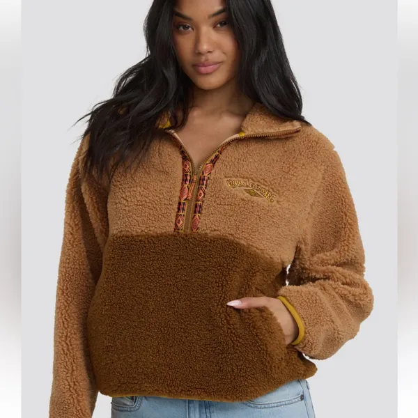 Billabong Two-Tone‎ Brown Teddy Fleece Pullover Jacket - Image 2