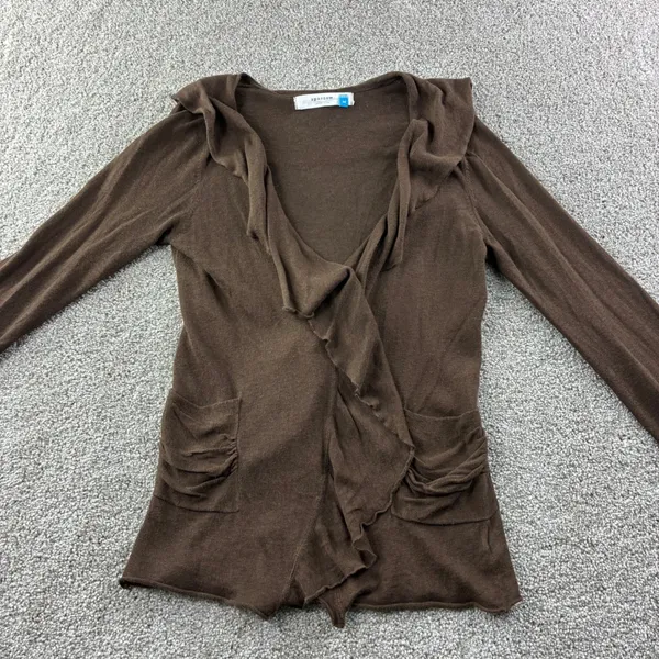 Sparrow Brown‎ Linen Cotton Blend Cardigan Sweater Ruffle Womens M Boho Chic - Image 3