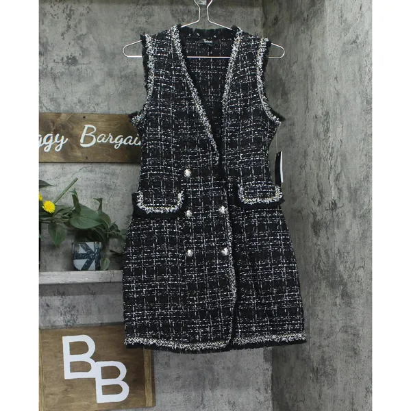 NWT Trixxi Fringe-Trim Boucle Sleeveless Faux Pocket Tweed Dress Black / White S - Image 8