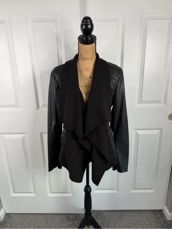 Bar III Black Draped Open Front Mixed Media Faux Leather Jacket Size L - Image 2