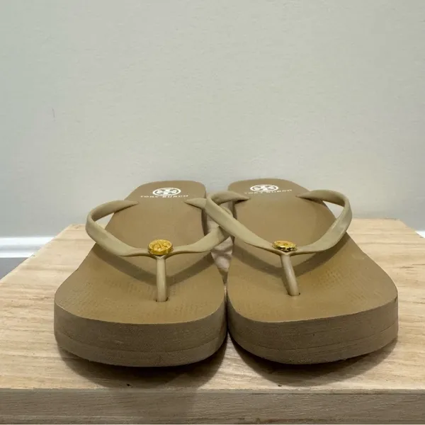 Tory Burch Beige Thin Wedge Logo Platform‎ Thong Flip Flops 10 - Image 3