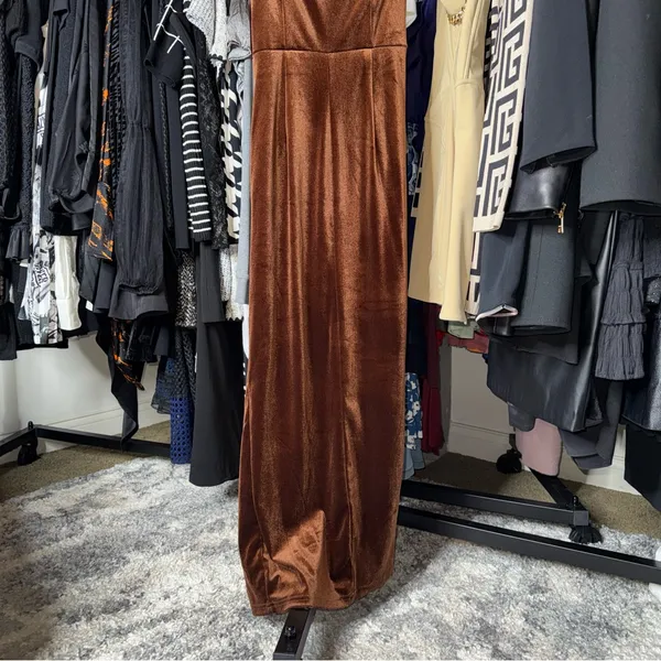 Lulus Brown Velvet Asymmetrical Tulip Midi Dress Womens XS EUC Sultry Romantic - Image 9