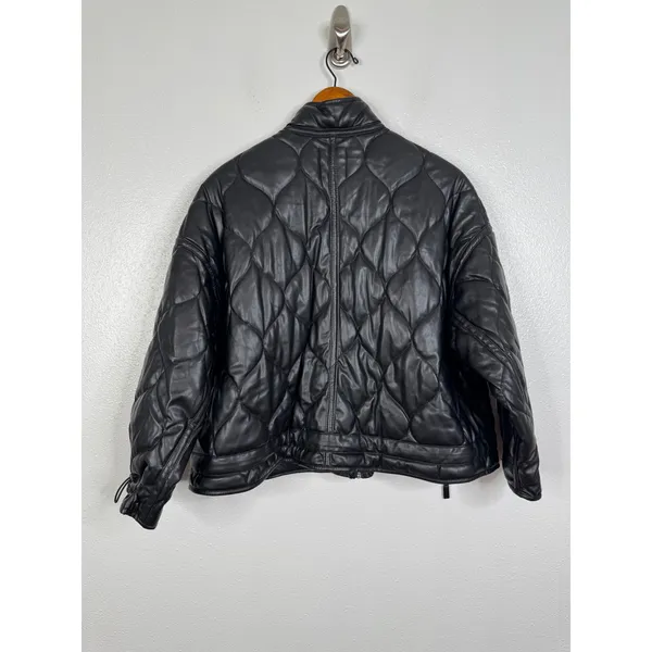 Zara Black Quilted Faux Leather Puffer Jacket Oversized Utility Pockets Medium - Image 2